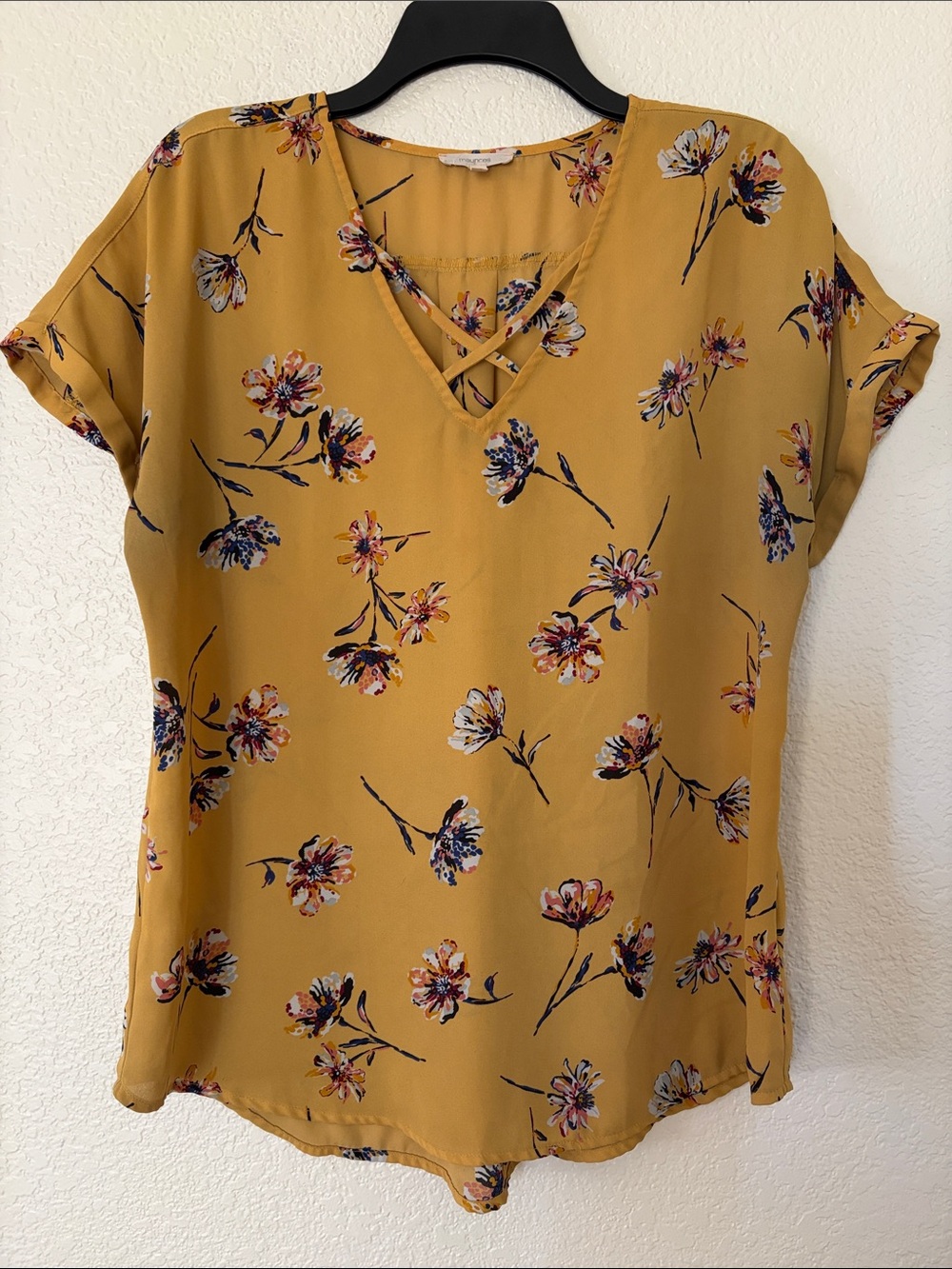 Maurices Mustard Floral V-Neck Crisscross Blouse